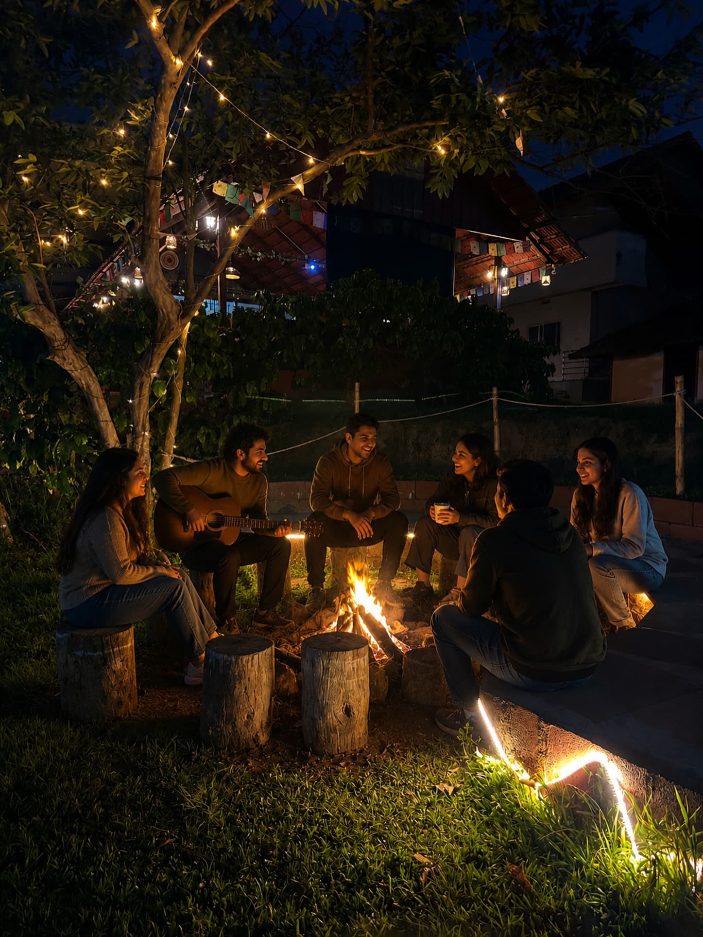 Bonfire and music evening at a Kanha stay