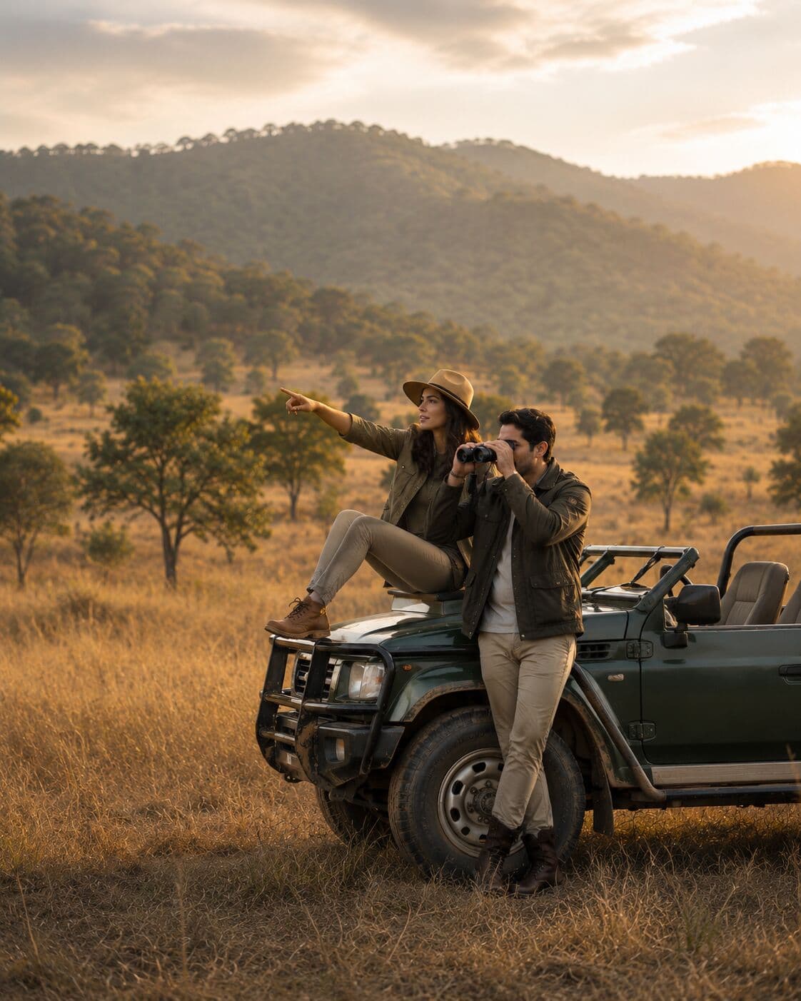 Couple experiencing a wildlife safari with binoculars