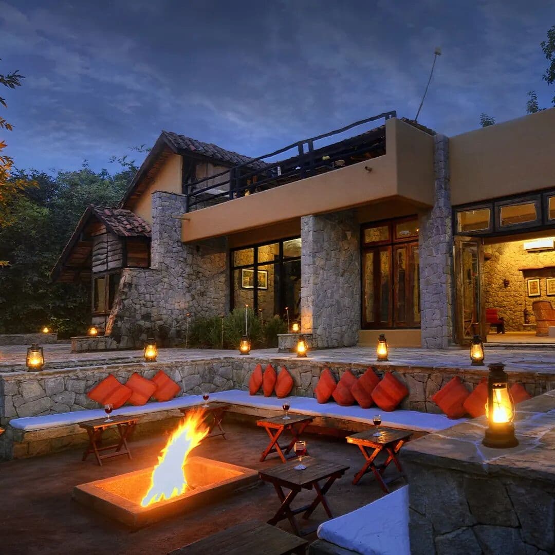 Jungle lodge at dusk near Kanha National Park