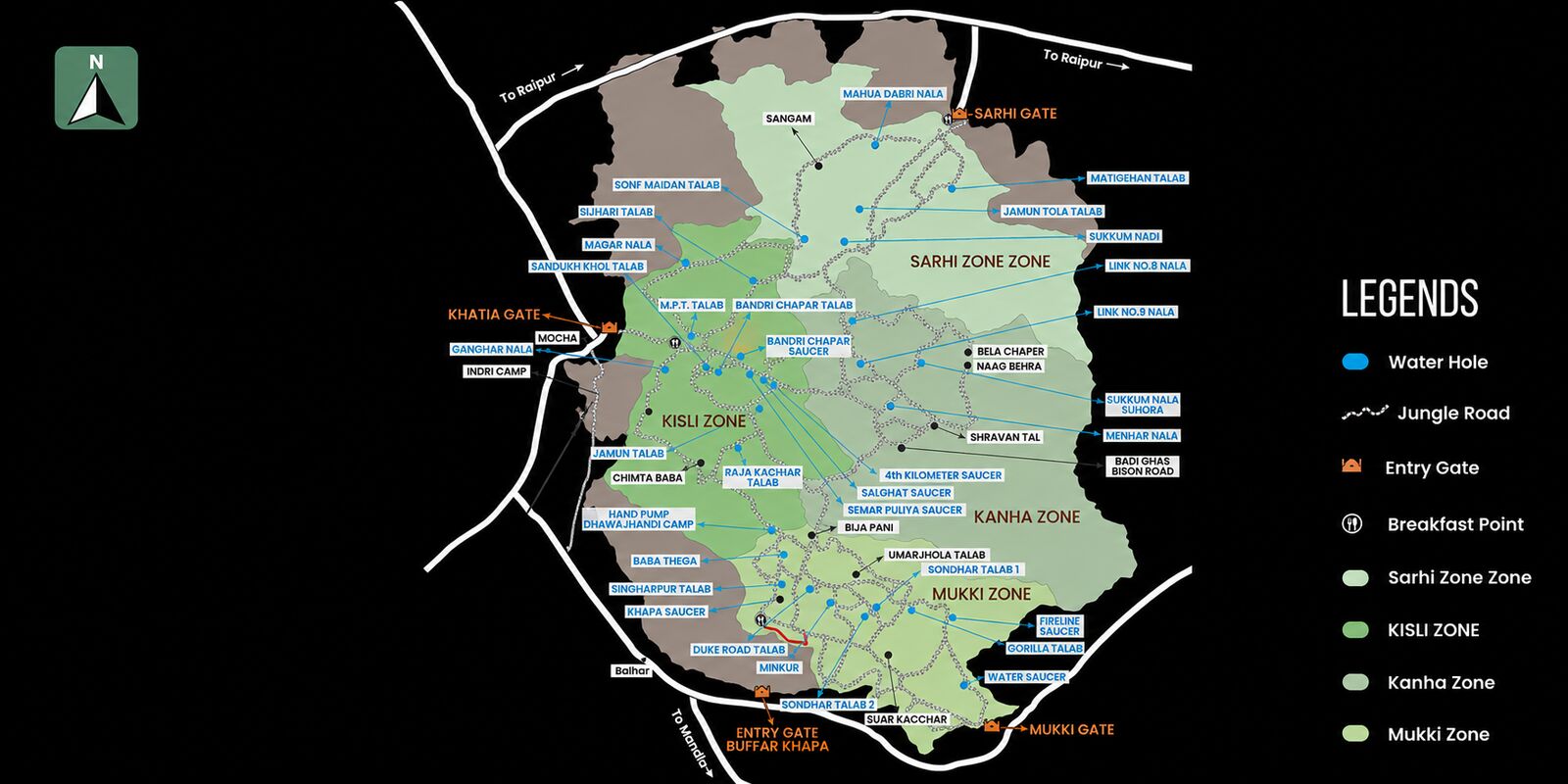 Map of Kanha, Kisli, Mukki and Sarhi safari zones